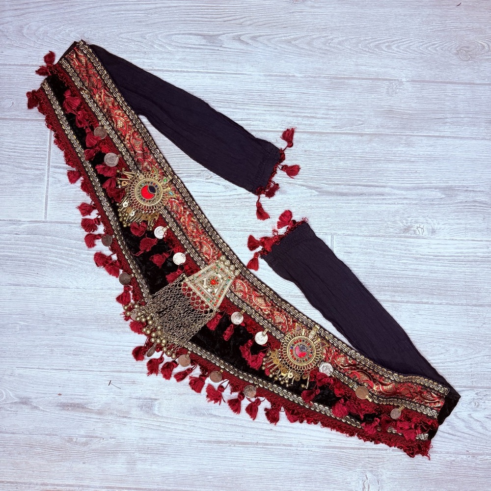 Vintage handmade beaded coin belly dancing hip belt side sash medium costume